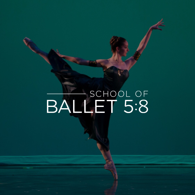 A female dancer dancing beind the School of Ballet 5:8 logo